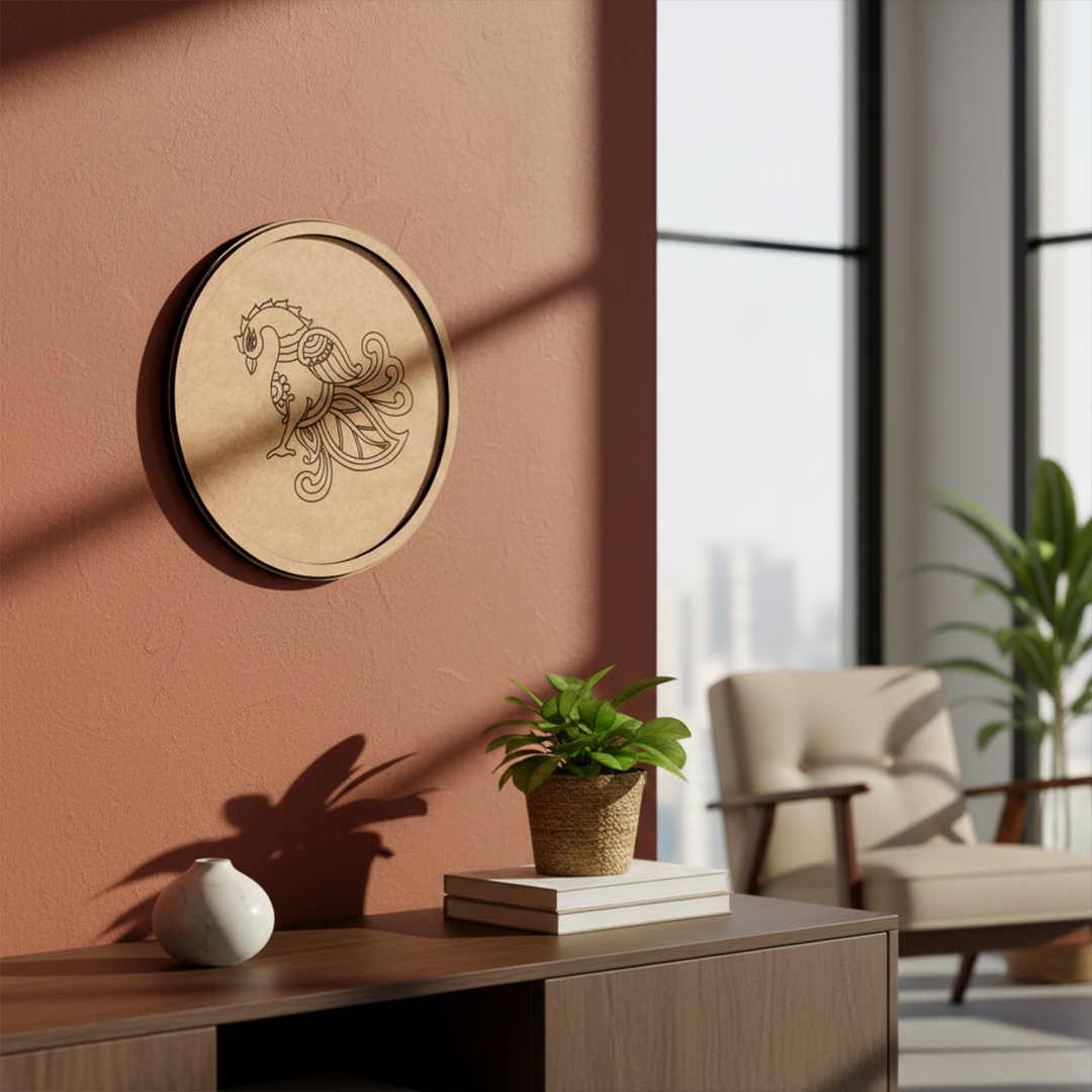 MDF Bordered Pre Marked Elegant Peacock Base round board with engraved peacock design hanging on a wall