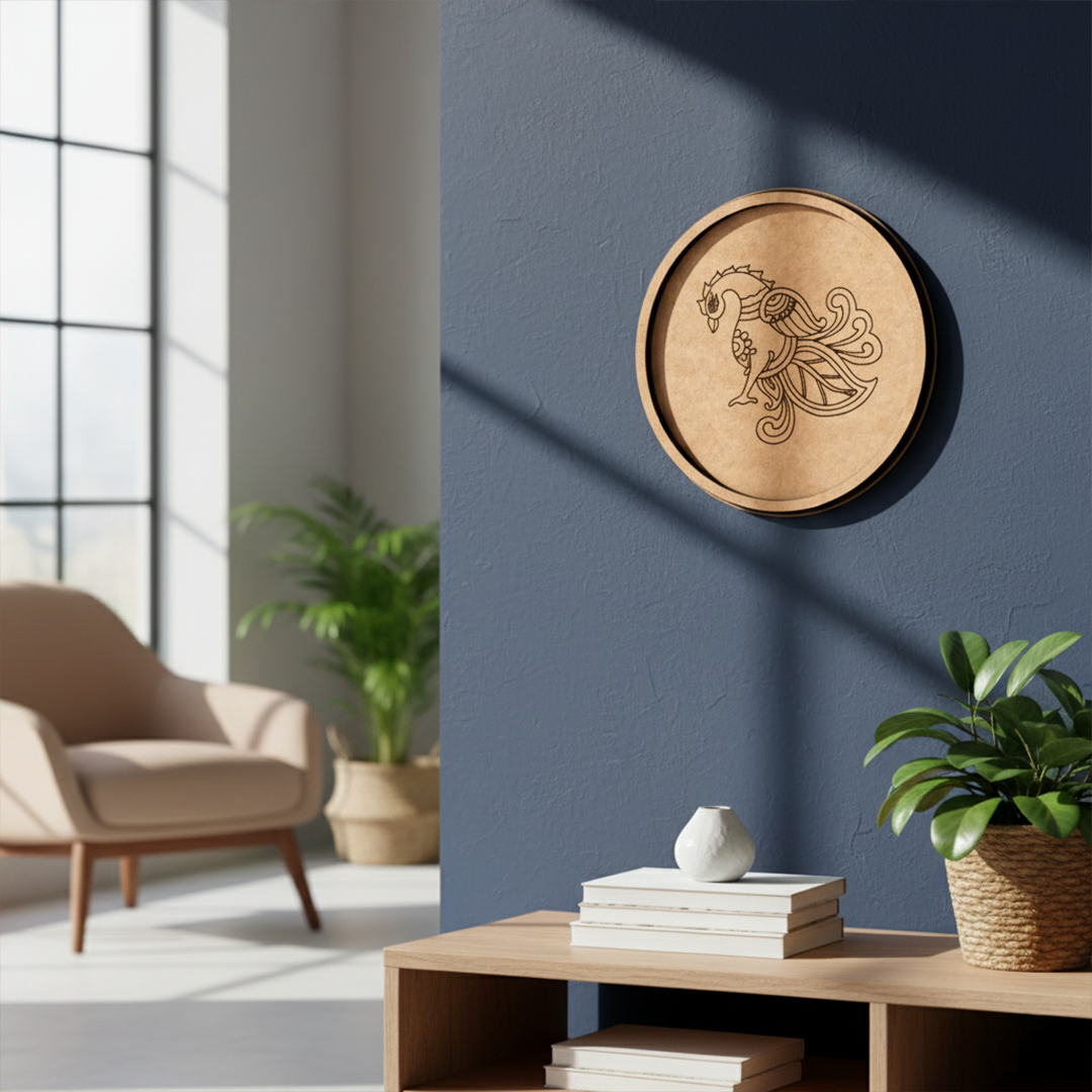 MDF Bordered Pre Marked Elegant Peacock Base round board with engraved peacock design hanging on a wall