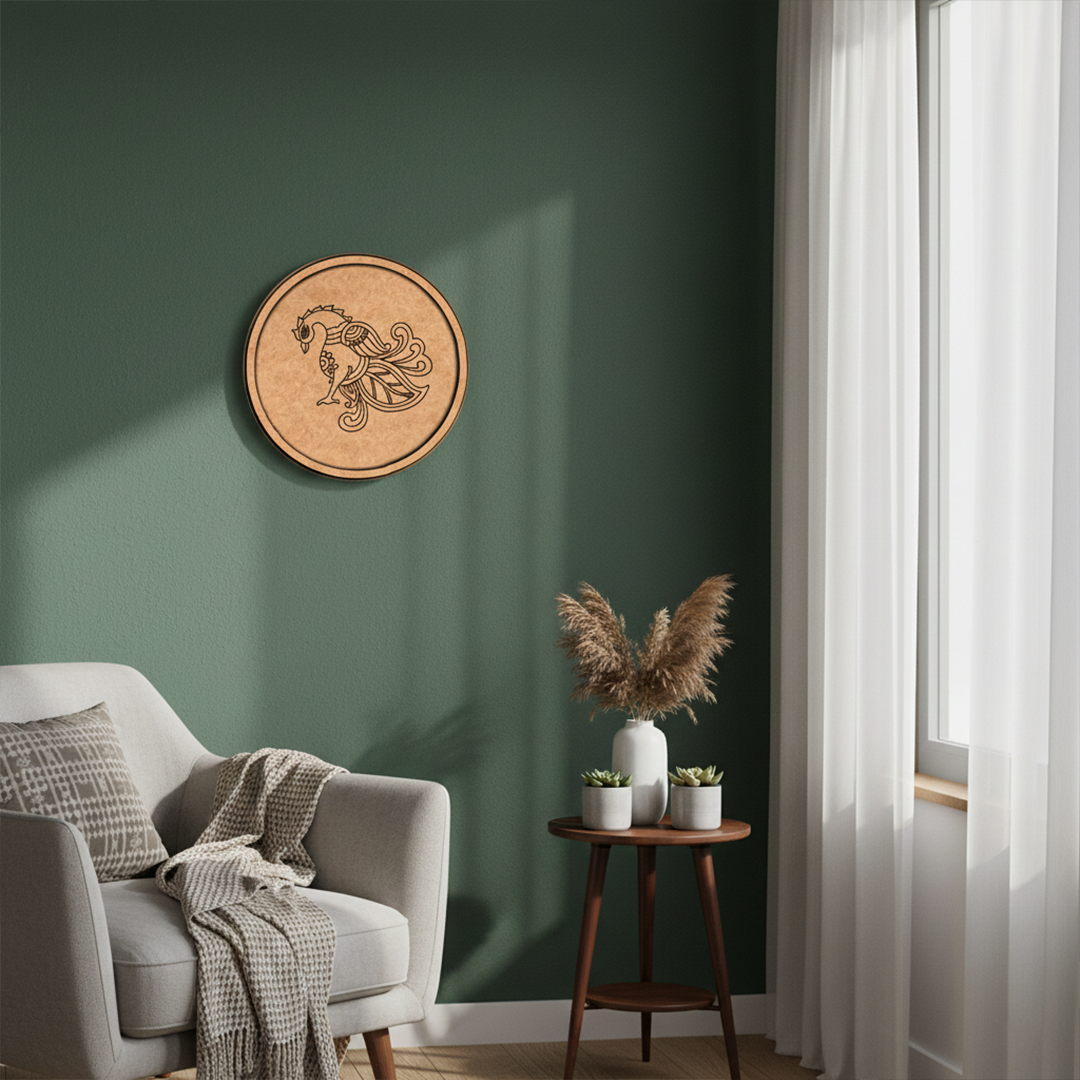 MDF Bordered Pre Marked Elegant Peacock Base round board with engraved peacock design hanging on a wall