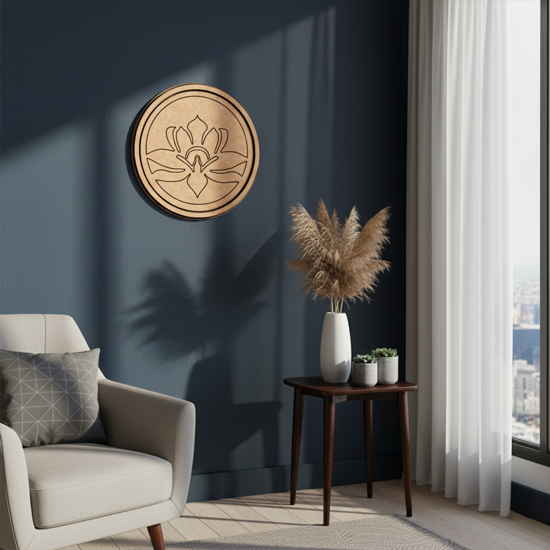 MDF Bordered Pre Marked Lotus Symbol Base round board with engraved lotus design hanging on wall