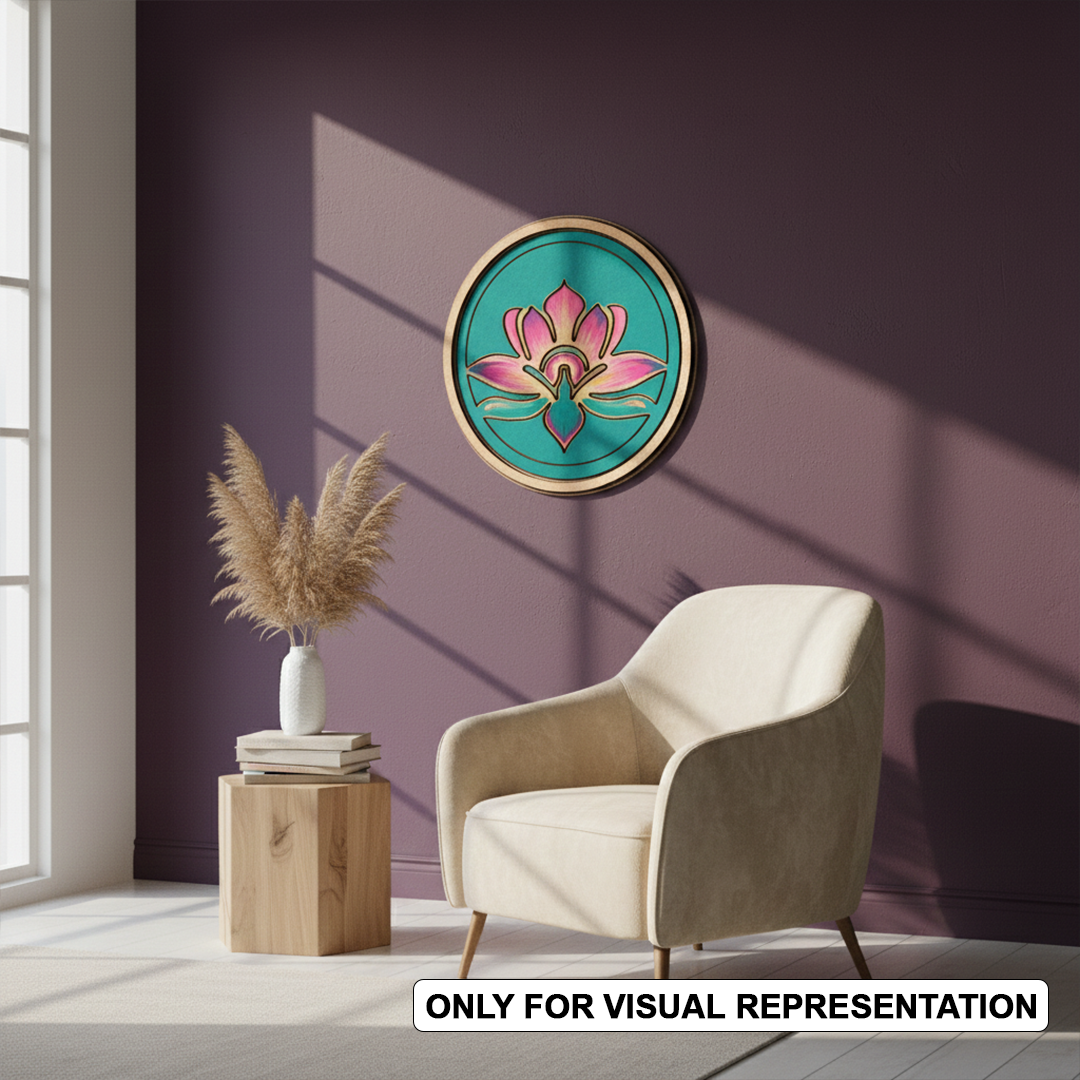 MDF Bordered painted Pre Marked Lotus Symbol Base round board with engraved lotus design hanging on wall