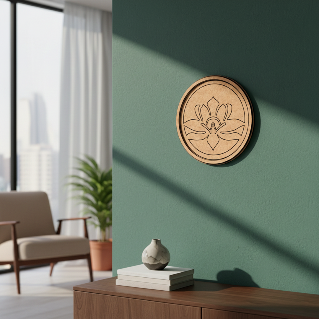 MDF Bordered Pre Marked Lotus Symbol Base round board with engraved lotus design hanging on wall