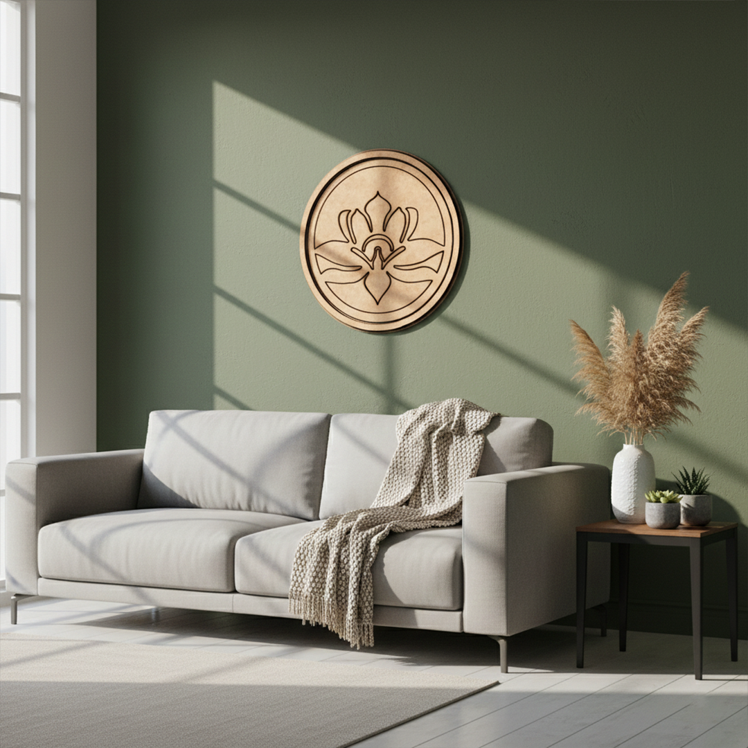 MDF Bordered Pre Marked Lotus Symbol Base round board with engraved lotus design hanging on wall