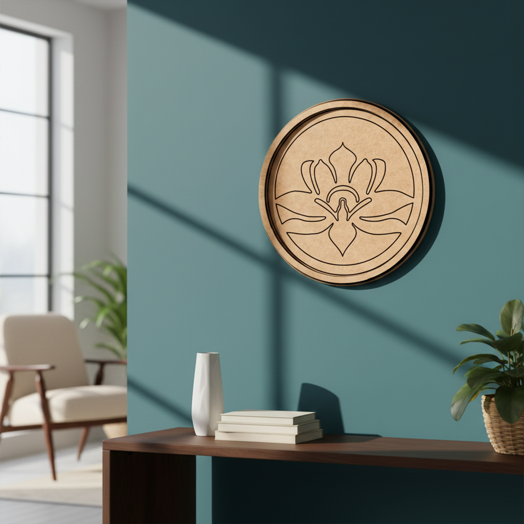 MDF Bordered Pre Marked Lotus Symbol Base round board with engraved lotus design hanging on wall
