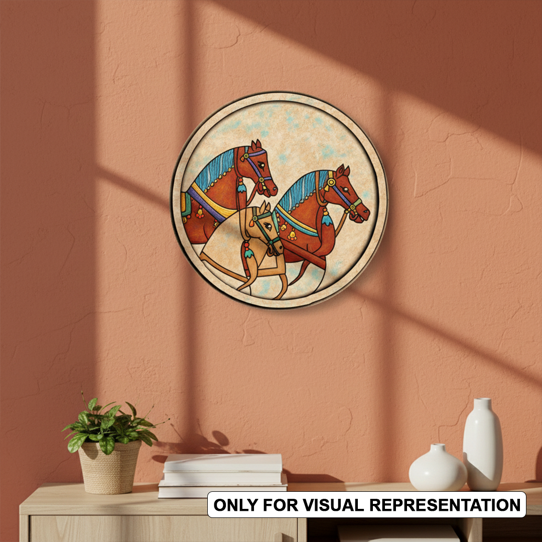 MDF Bordered painted Pre Marked Royal Horse Base round board with engraved traditional horse design hanging on a wall