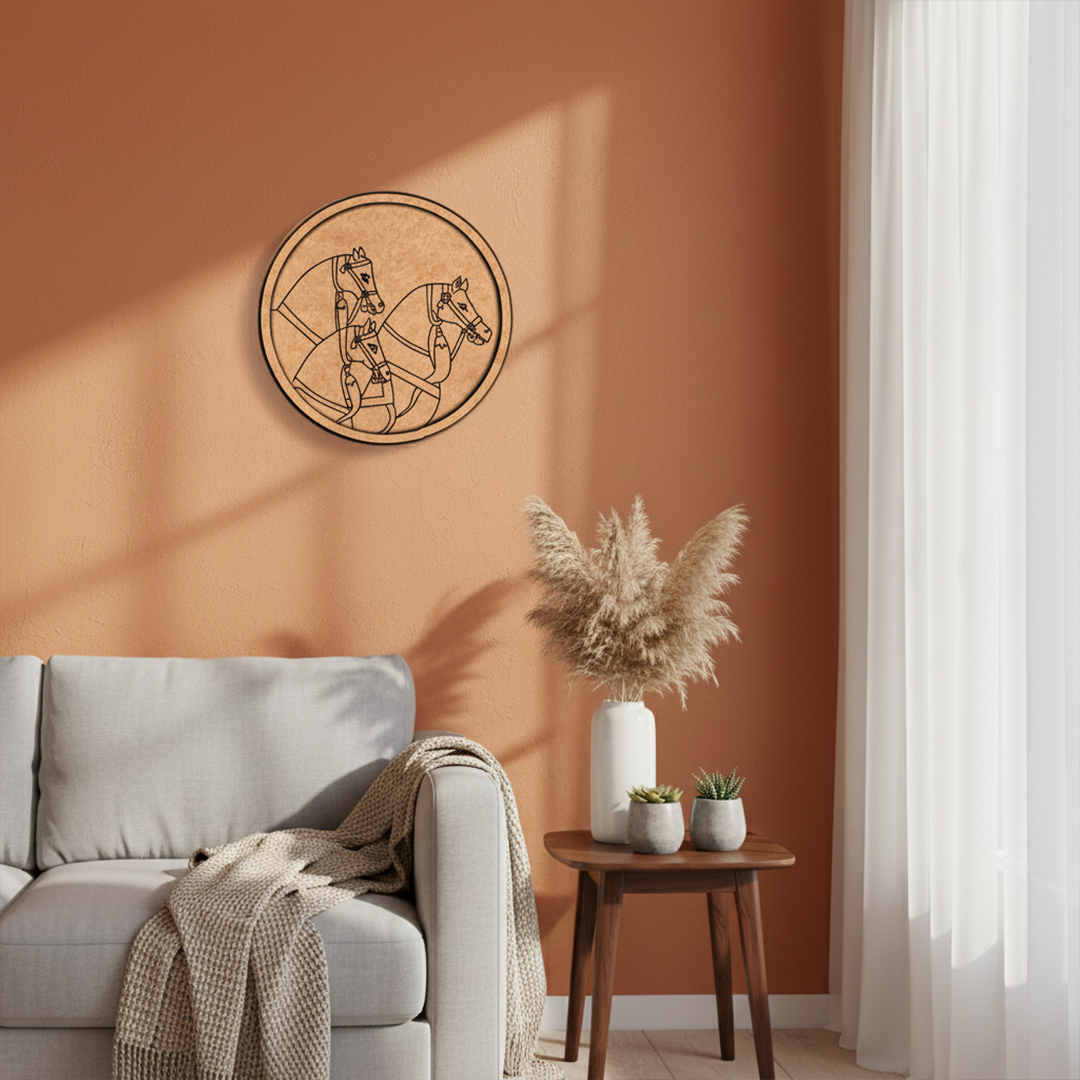 MDF Bordered Pre Marked Royal Horse Base round board with engraved traditional horse design hanging on a wall