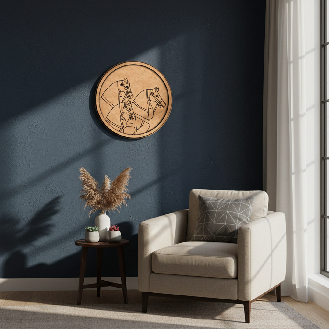MDF Bordered Pre Marked Royal Horse Base round board with engraved traditional horse design hanging on a wall