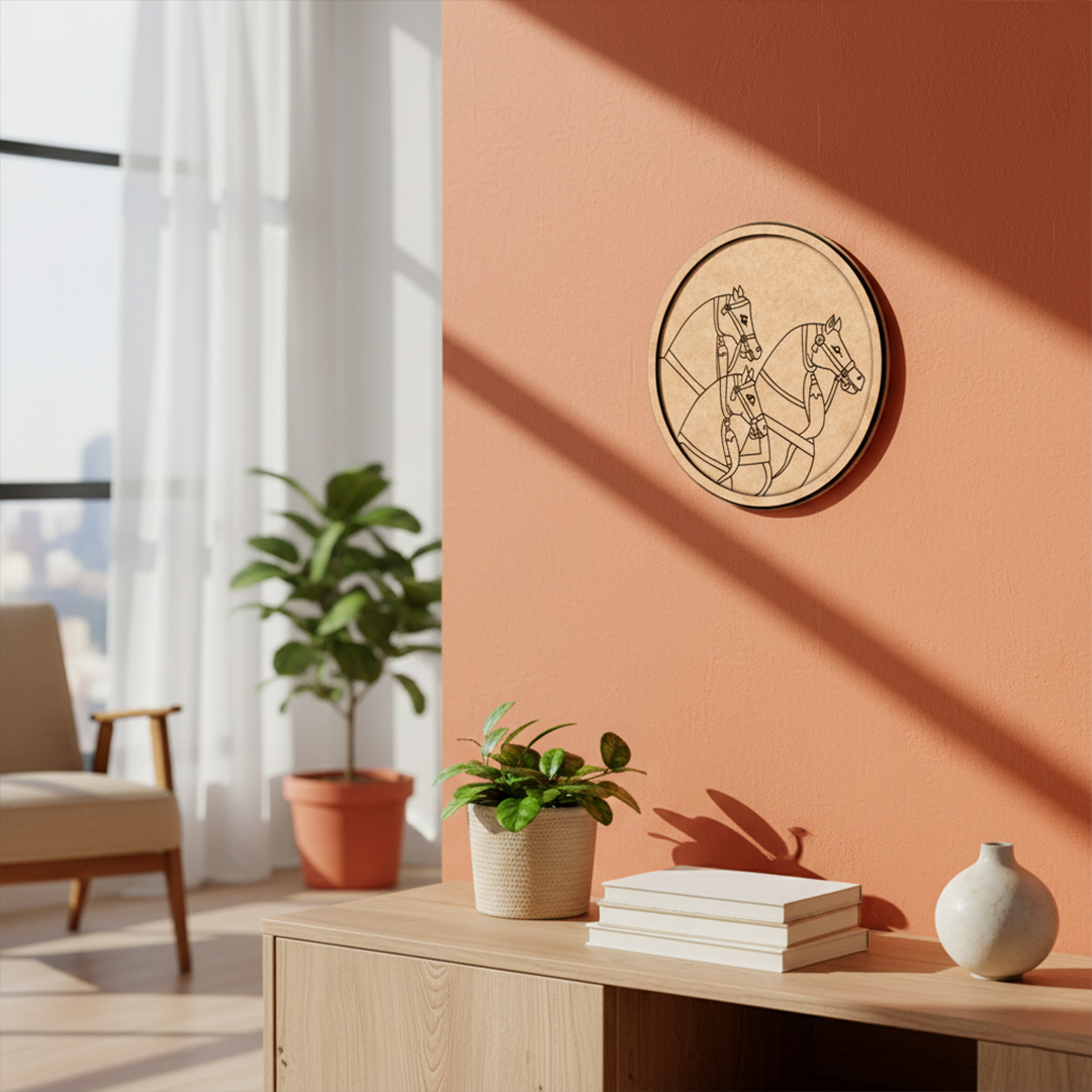 MDF Bordered Pre Marked Royal Horse Base round board with engraved traditional horse design hanging on a wall