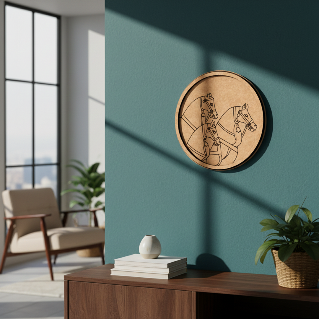 MDF Bordered Pre Marked Royal Horse Base round board with engraved traditional horse design hanging on a wall