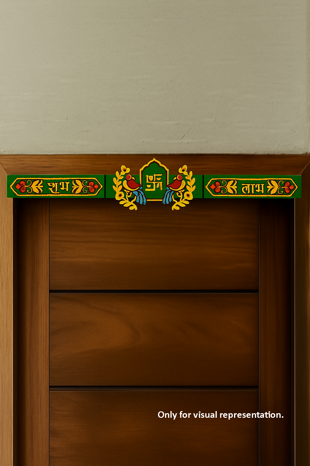 Colorful painted Shubh Labh toran with green background and vibrant floral design – visual representation on door