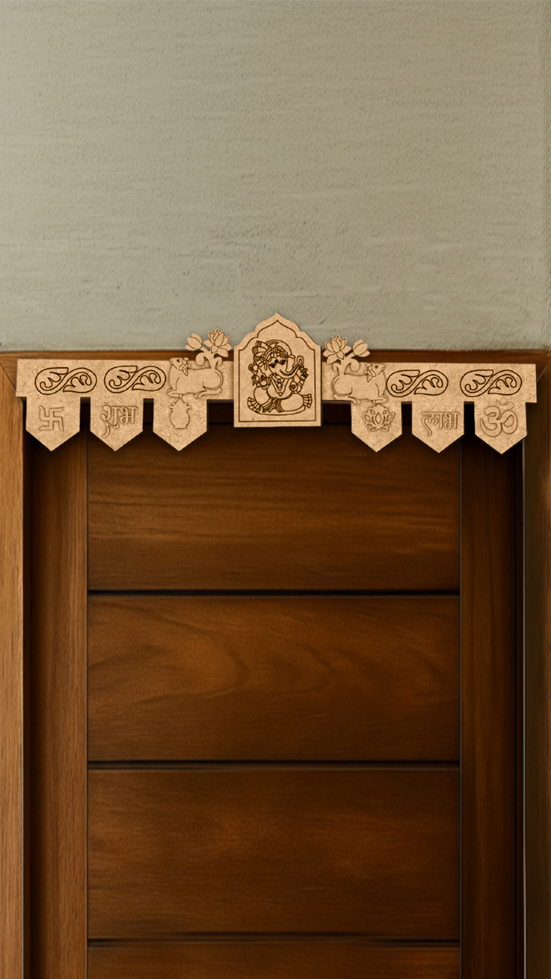 Lord Ganesha engraved MDF toran with Shubh Labh, Swastik, Kalash, and Om symbols – placed on wooden door frame in natural finish.