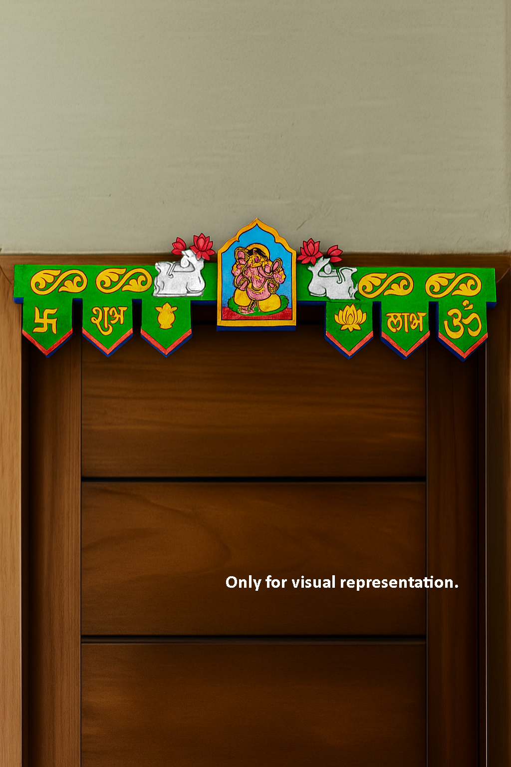 Colorfully painted MDF Ganesha toran with green background, lotus flowers, and vibrant festive detailing – visual representation on door