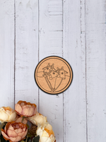 MDF Bordered Pre Marked Sacred Cow Trio Base round board with engraved cow faces design hanging on a wooden wall