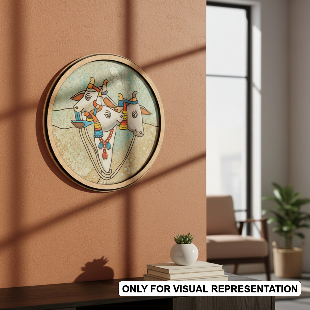 MDF Bordered painted Pre Marked Sacred Cow Trio Base round board with engraved cow faces design hanging on a wall