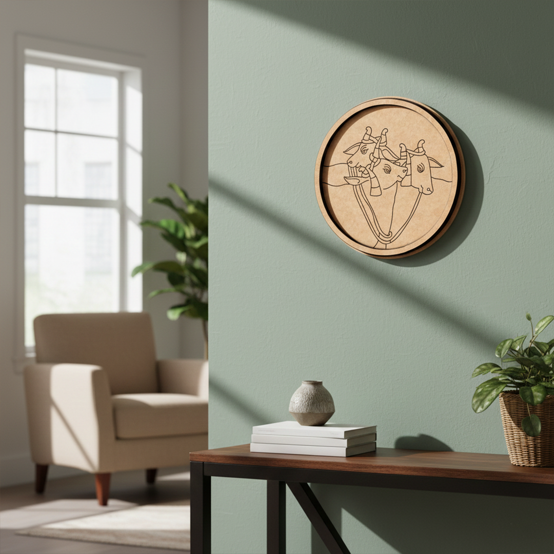 MDF Bordered Pre Marked Sacred Cow Trio Base round board with engraved cow faces design hanging on a wall
