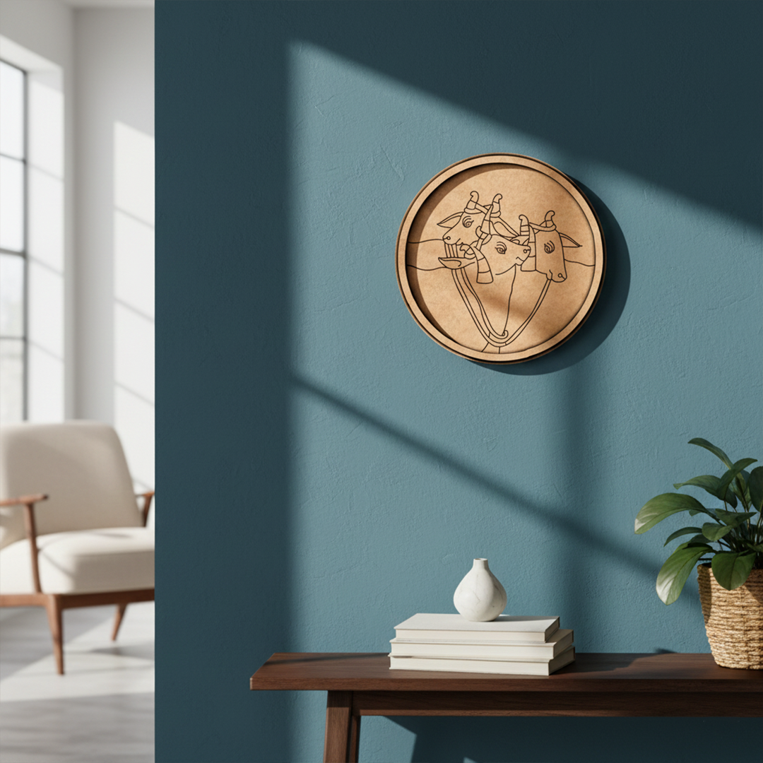 MDF Bordered Pre Marked Sacred Cow Trio Base round board with engraved cow faces design hanging on a wall