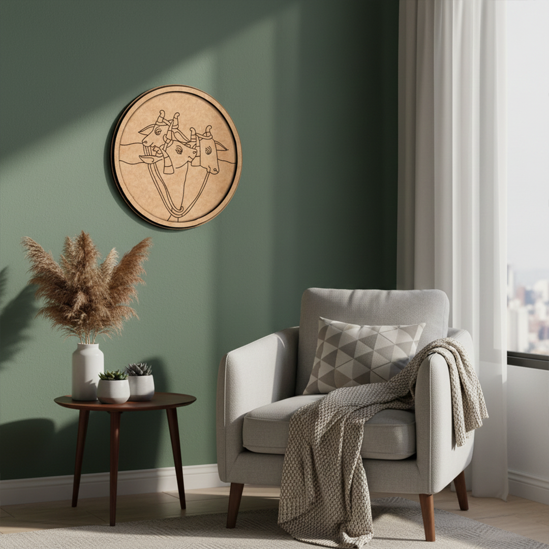 MDF Bordered Pre Marked Sacred Cow Trio Base round board with engraved cow faces design hanging on a wall