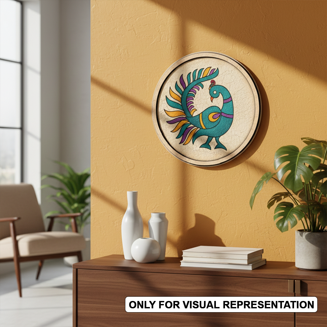 MDF Bordered painted Pre Marked Dancing Peacock Base round board with engraved peacock design hanging in a wall