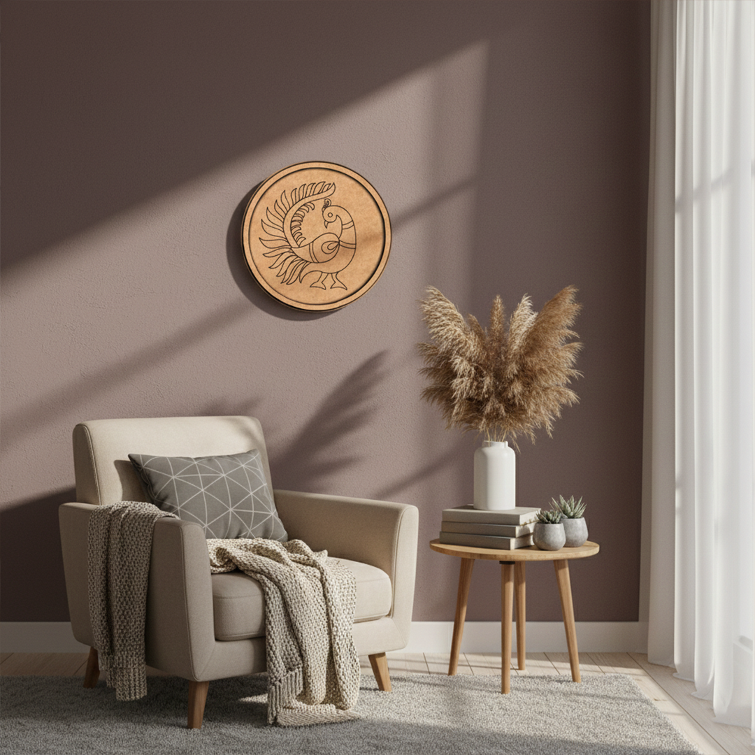MDF Bordered Pre Marked Dancing Peacock Base round board with engraved peacock design hanging in a wall