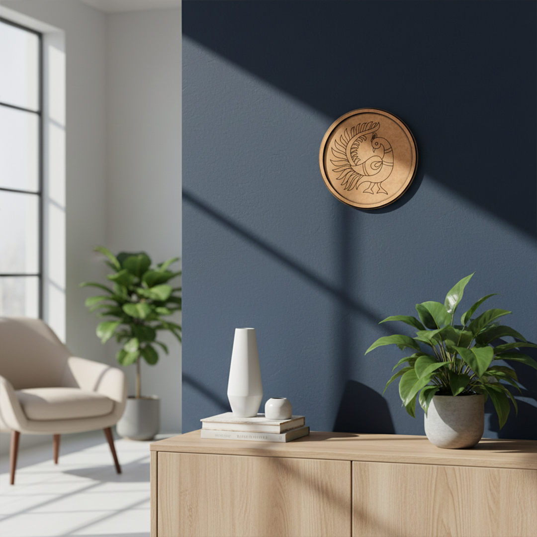 MDF Bordered Pre Marked Dancing Peacock Base round board with engraved peacock design hanging in a wall