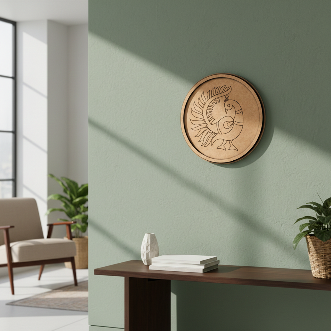 MDF Bordered Pre Marked Dancing Peacock Base round board with engraved peacock design hanging in a wall