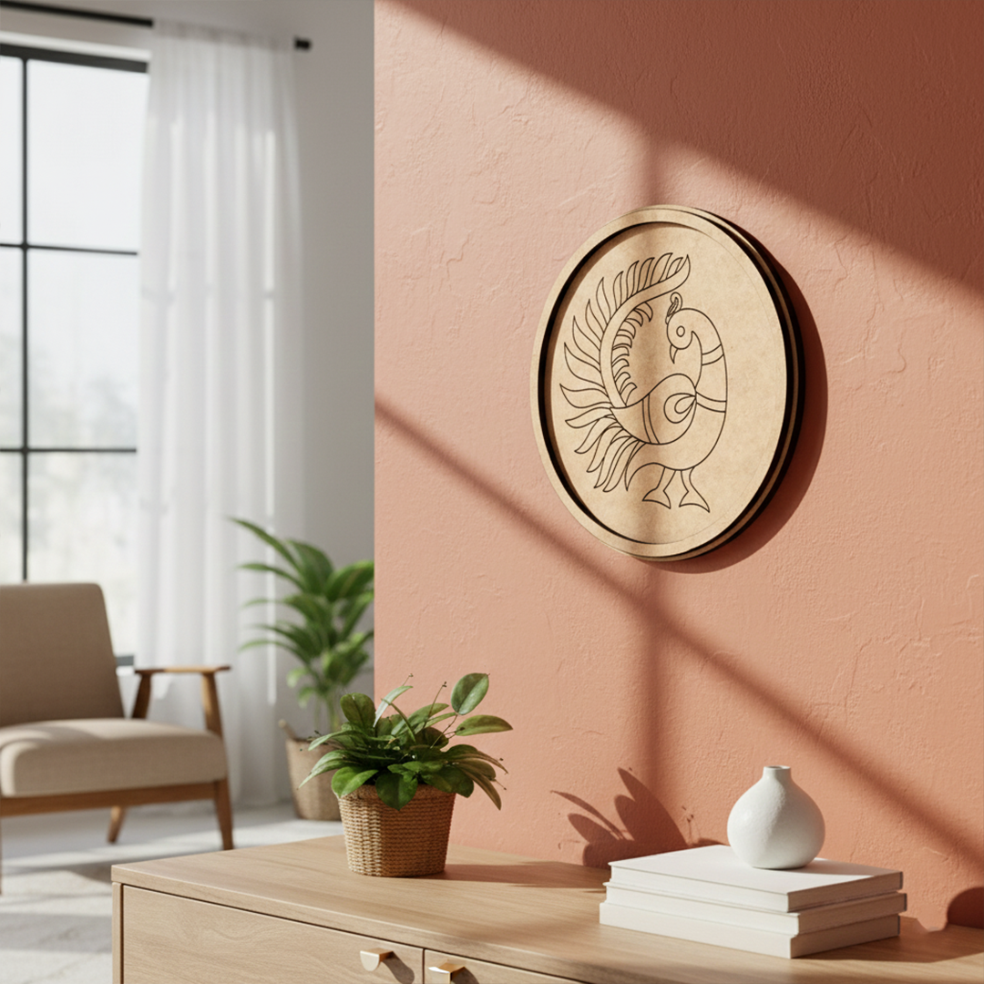 MDF Bordered Pre Marked Dancing Peacock Base round board with engraved peacock design hanging in a wall