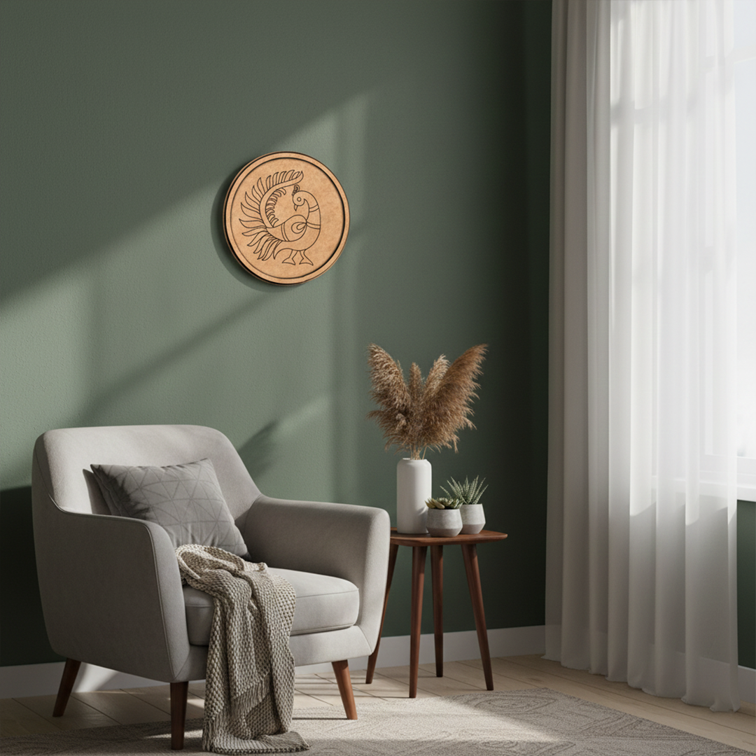 MDF Bordered Pre Marked Dancing Peacock Base round board with engraved peacock design hanging in a wall