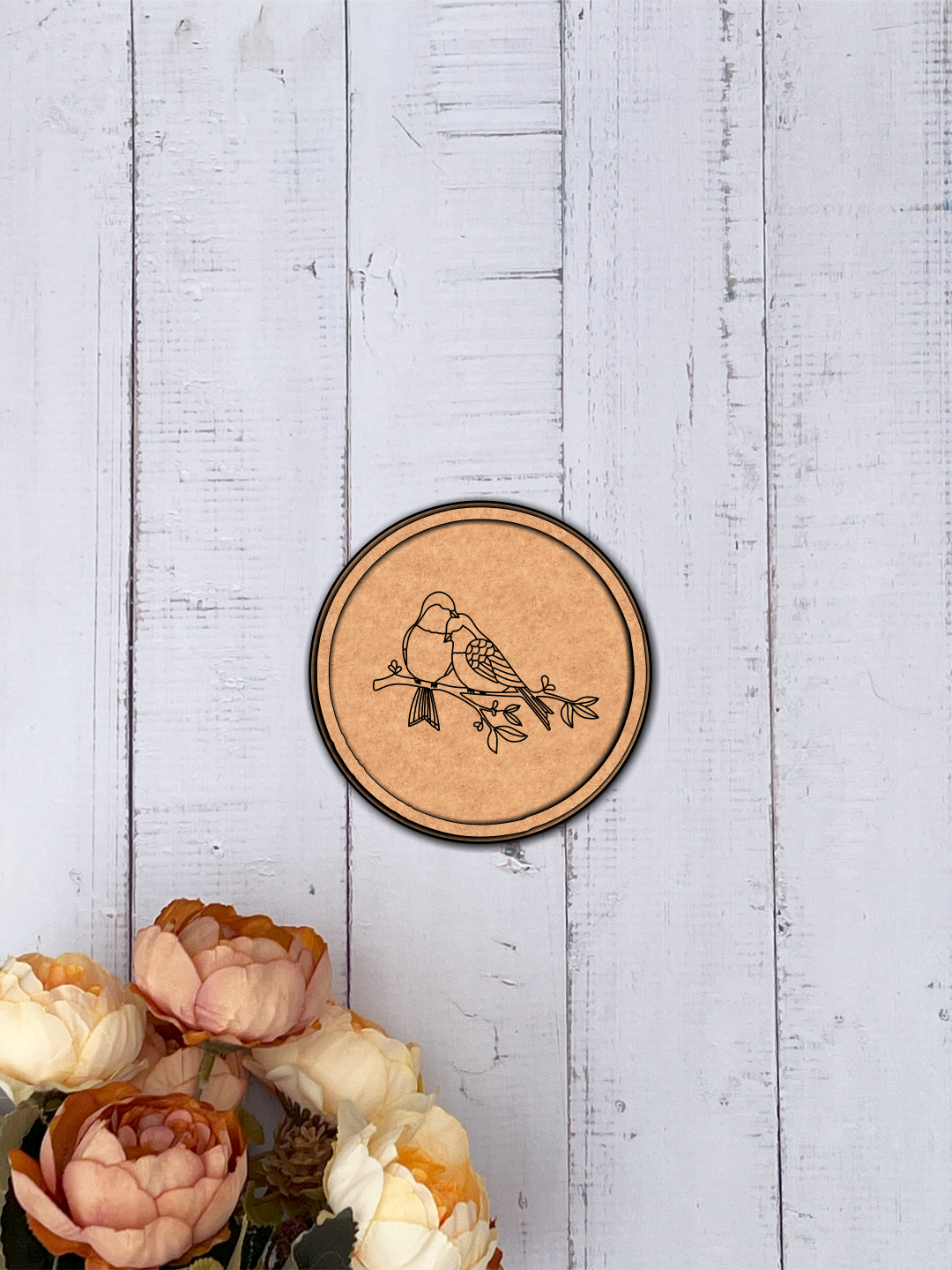 MDF Bordered Pre Marked Love Birds Base round board with engraved bird couple design hanging on a wooden wall