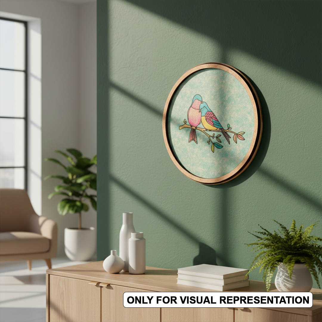 MDF Bordered painted Pre Marked Love Birds Base round board with engraved bird couple design hanging on a wall