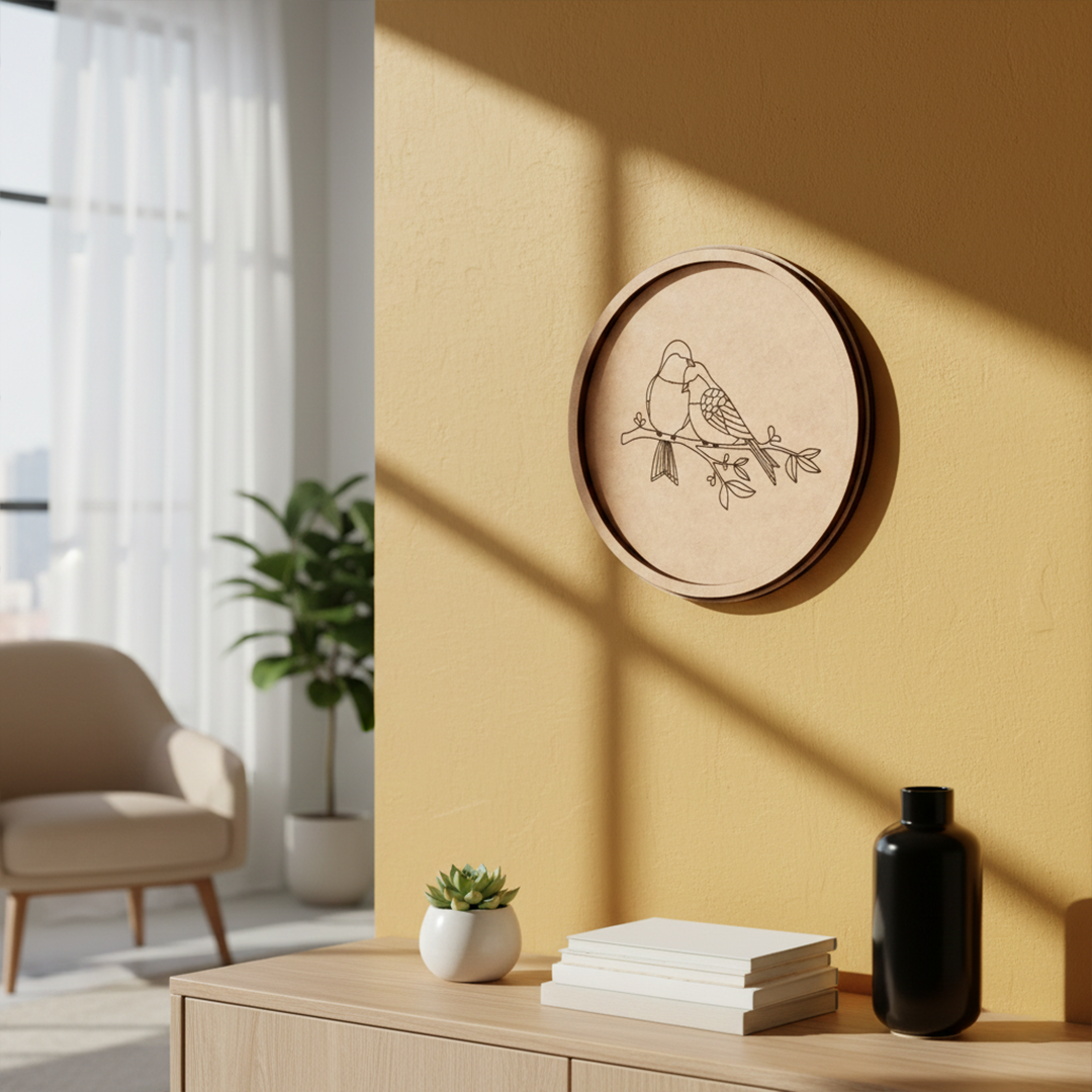 MDF Bordered Pre Marked Love Birds Base round board with engraved bird couple design hanging on a wall