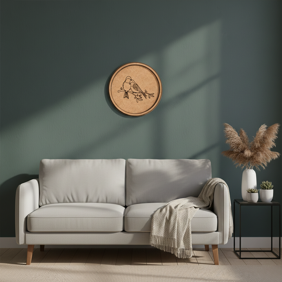 MDF Bordered Pre Marked Love Birds Base round board with engraved bird couple design hanging on a wall