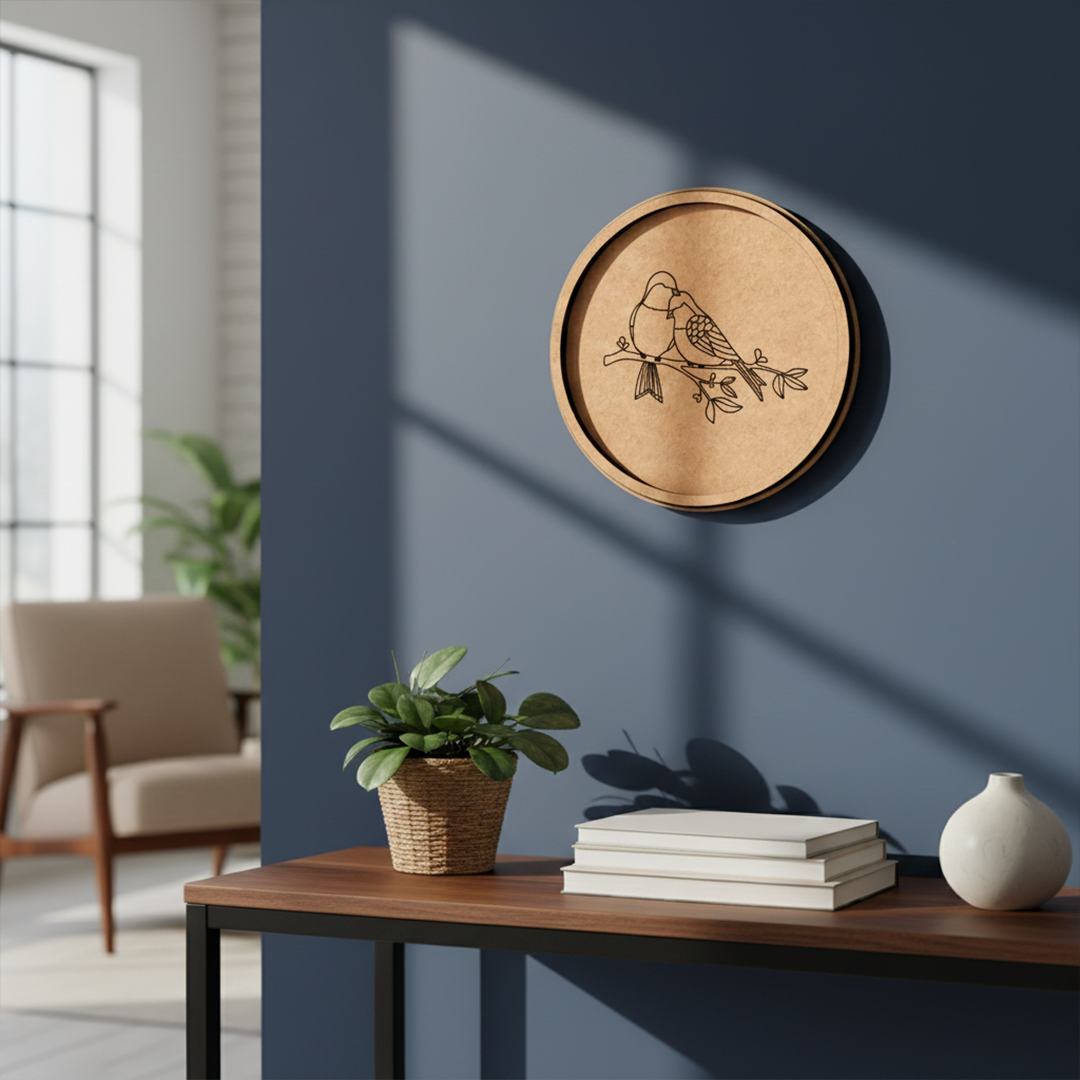 MDF Bordered Pre Marked Love Birds Base round board with engraved bird couple design hanging on a wall