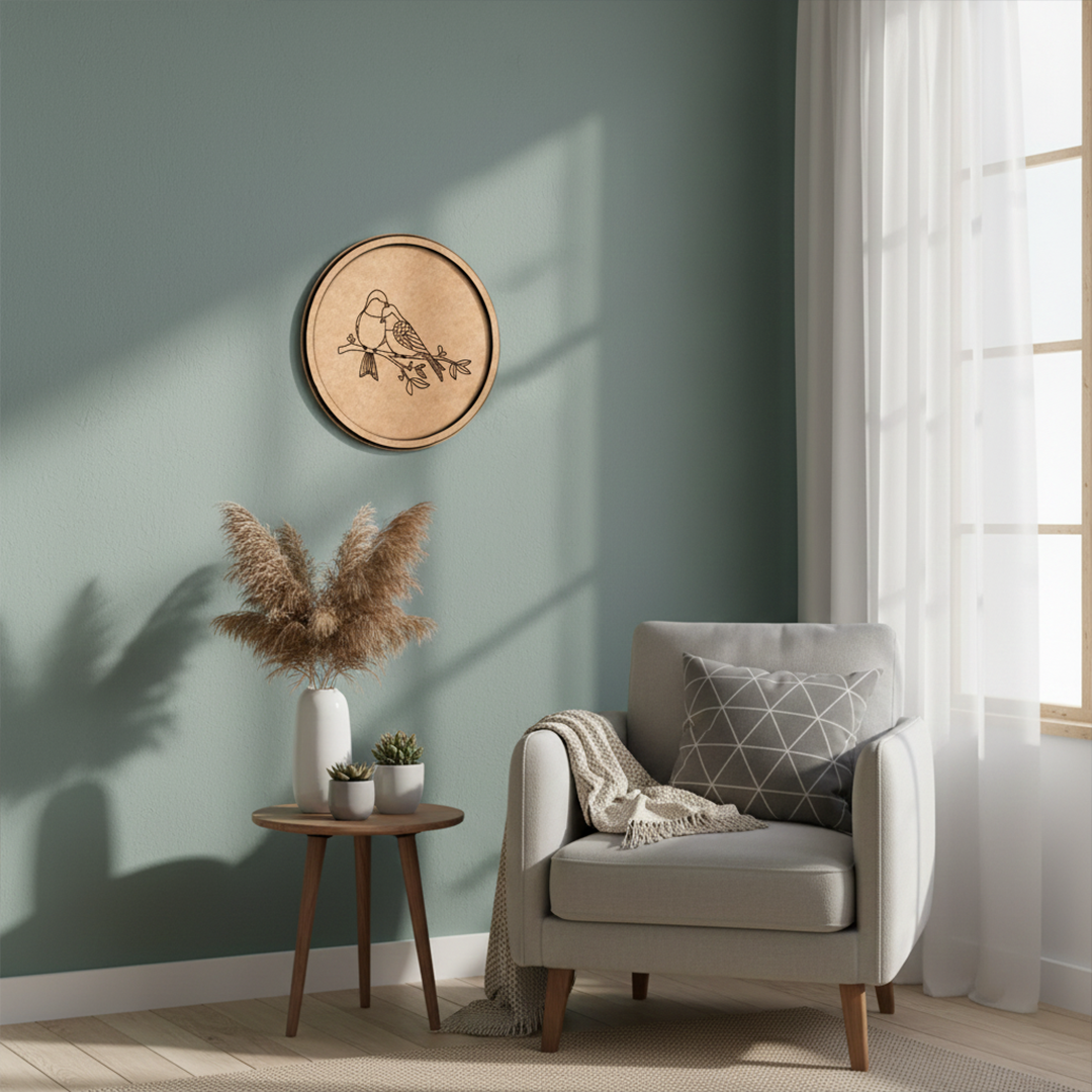 MDF Bordered Pre Marked Love Birds Base round board with engraved bird couple design hanging on a wall