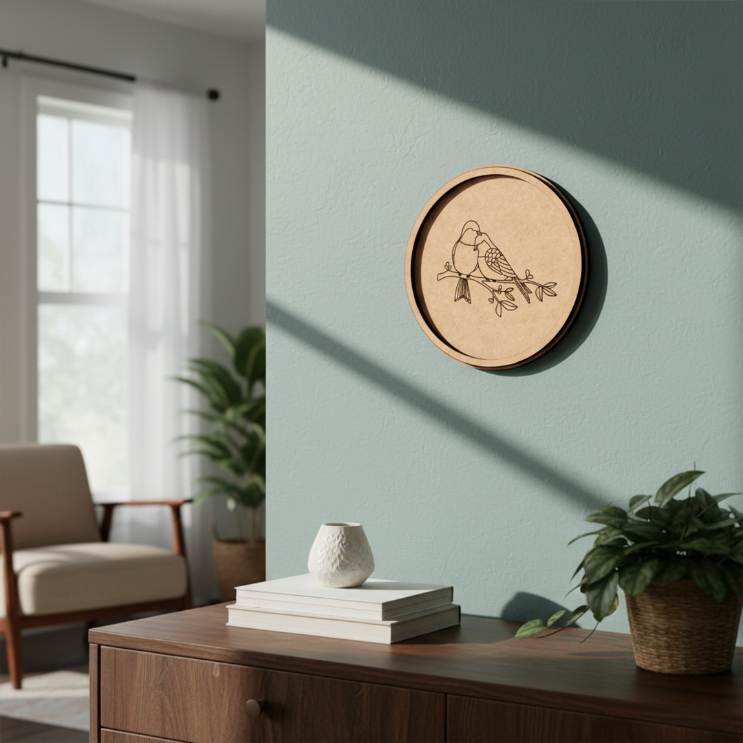MDF Bordered Pre Marked Love Birds Base round board with engraved bird couple design hanging on a wall