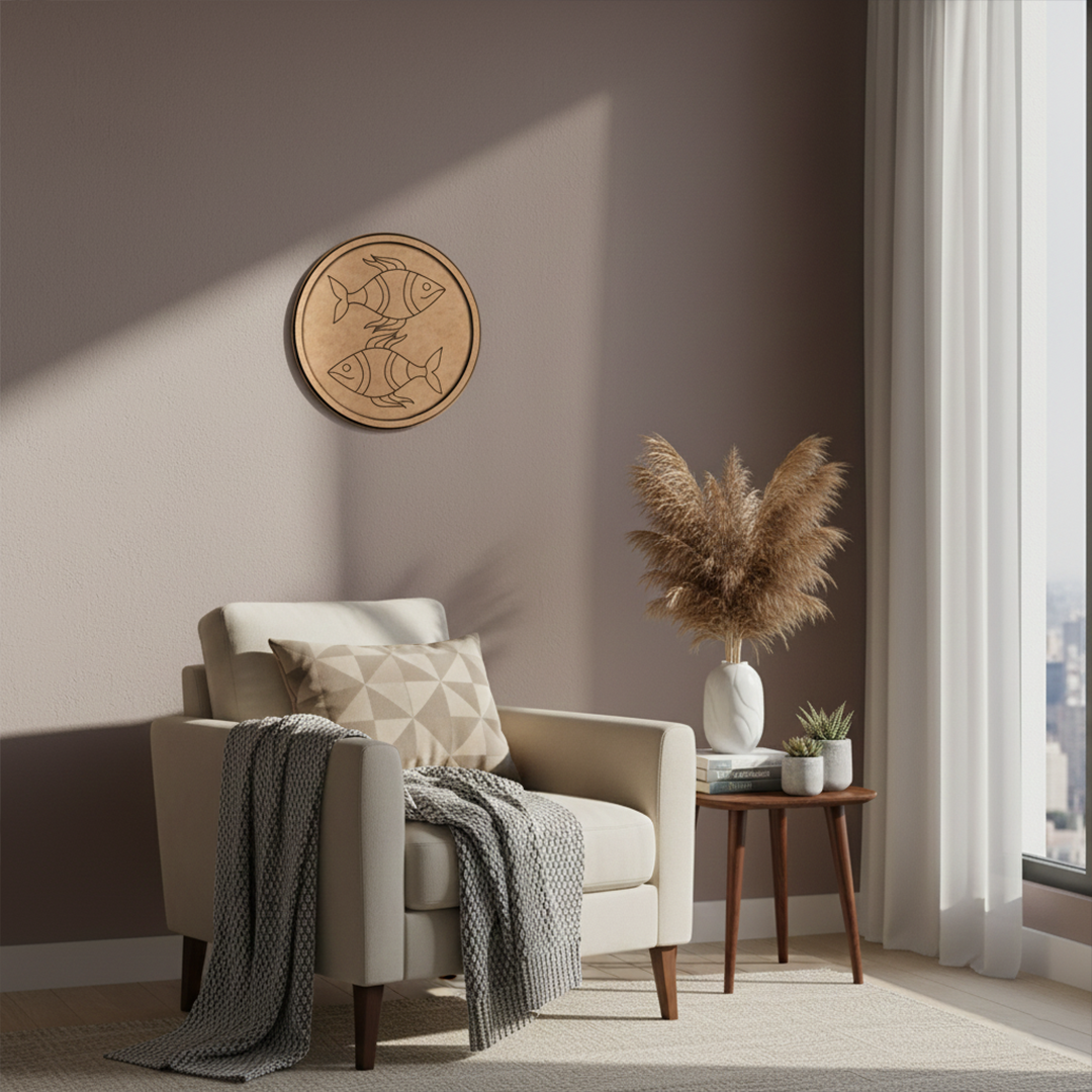 MDF Bordered Pre Marked Twin Fish Base round board with engraved fish design hanging on a wall