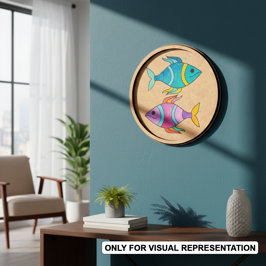 MDF Bordered painted Pre Marked Twin Fish Base round board with engraved fish design hanging on a wall