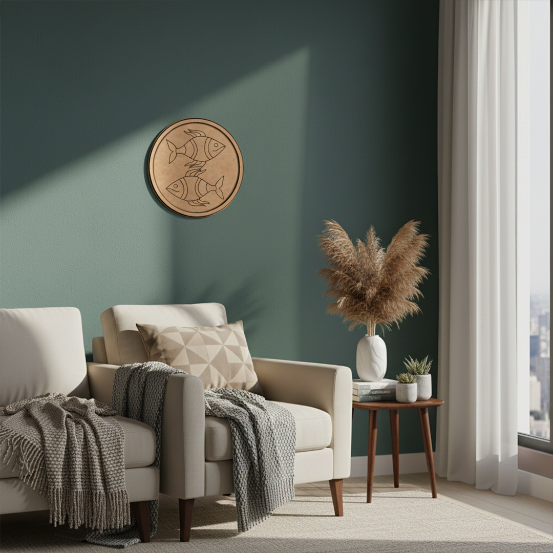 MDF Bordered Pre Marked Twin Fish Base round board with engraved fish design hanging on a wall