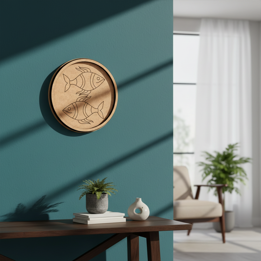MDF Bordered Pre Marked Twin Fish Base round board with engraved fish design hanging on a wall