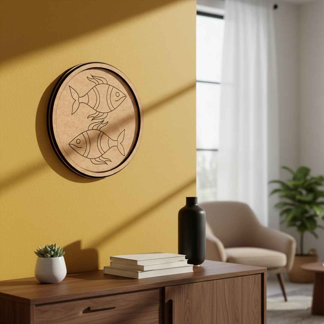 MDF Bordered Pre Marked Twin Fish Base round board with engraved fish design hanging on a wall