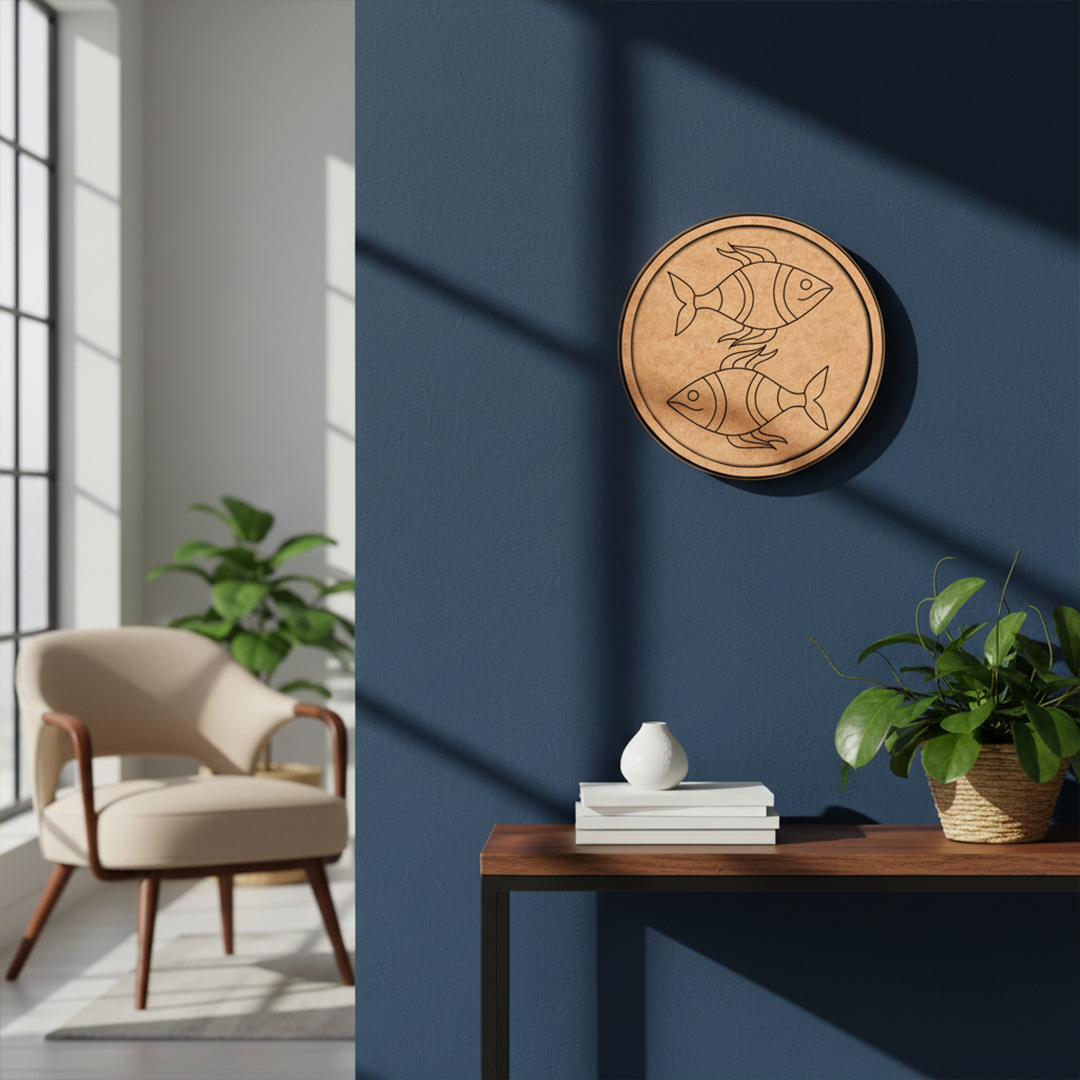 MDF Bordered Pre Marked Twin Fish Base round board with engraved fish design hanging on a wall