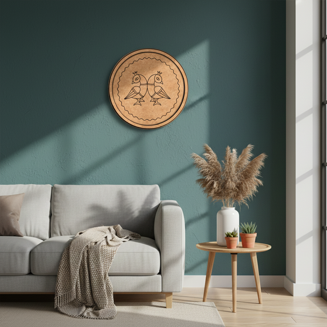 MDF Bordered Pre Marked Twin Birds Base round board with engraved symmetrical bird design hanging on a wall