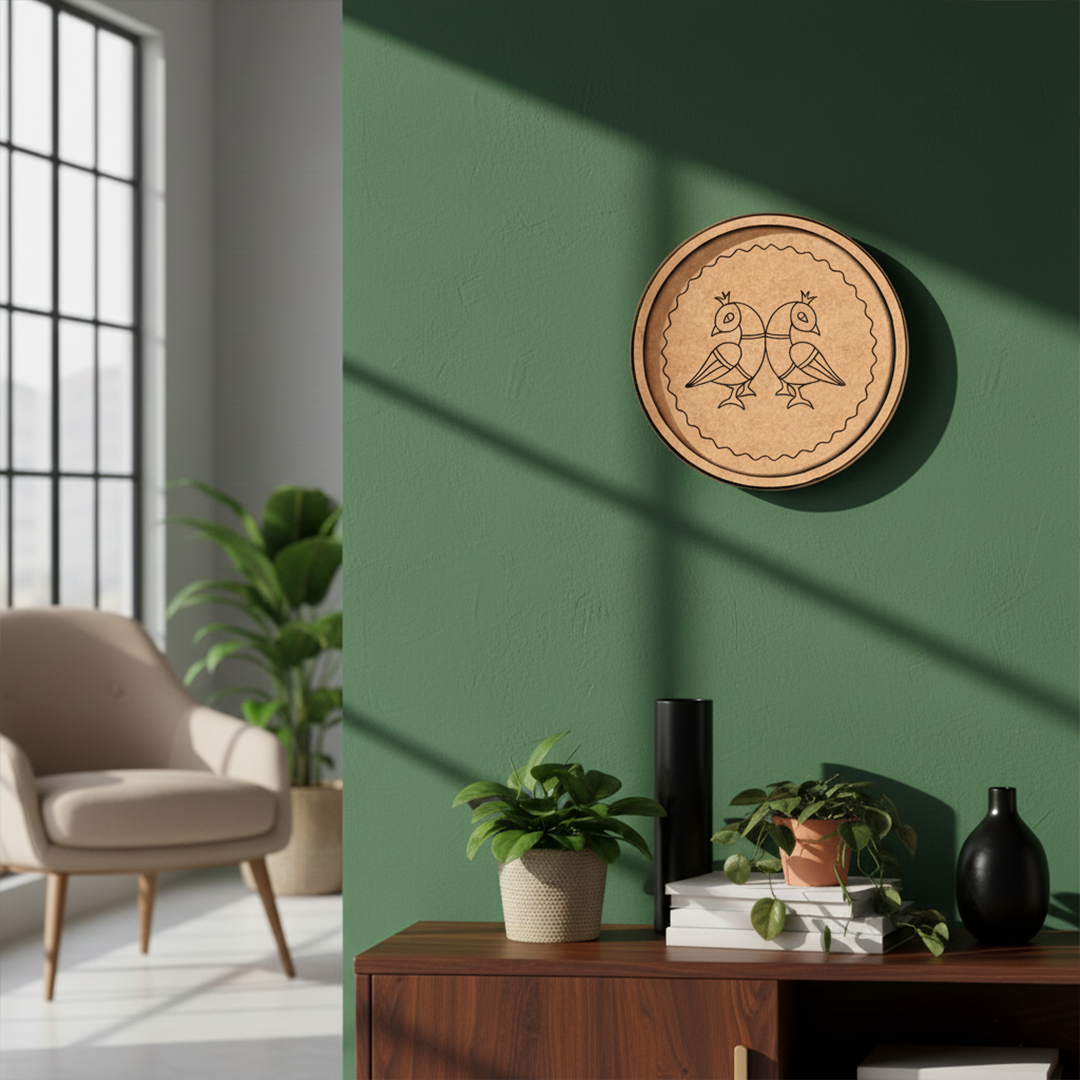 MDF Bordered Pre Marked Twin Birds Base round board with engraved symmetrical bird design hanging on a wall