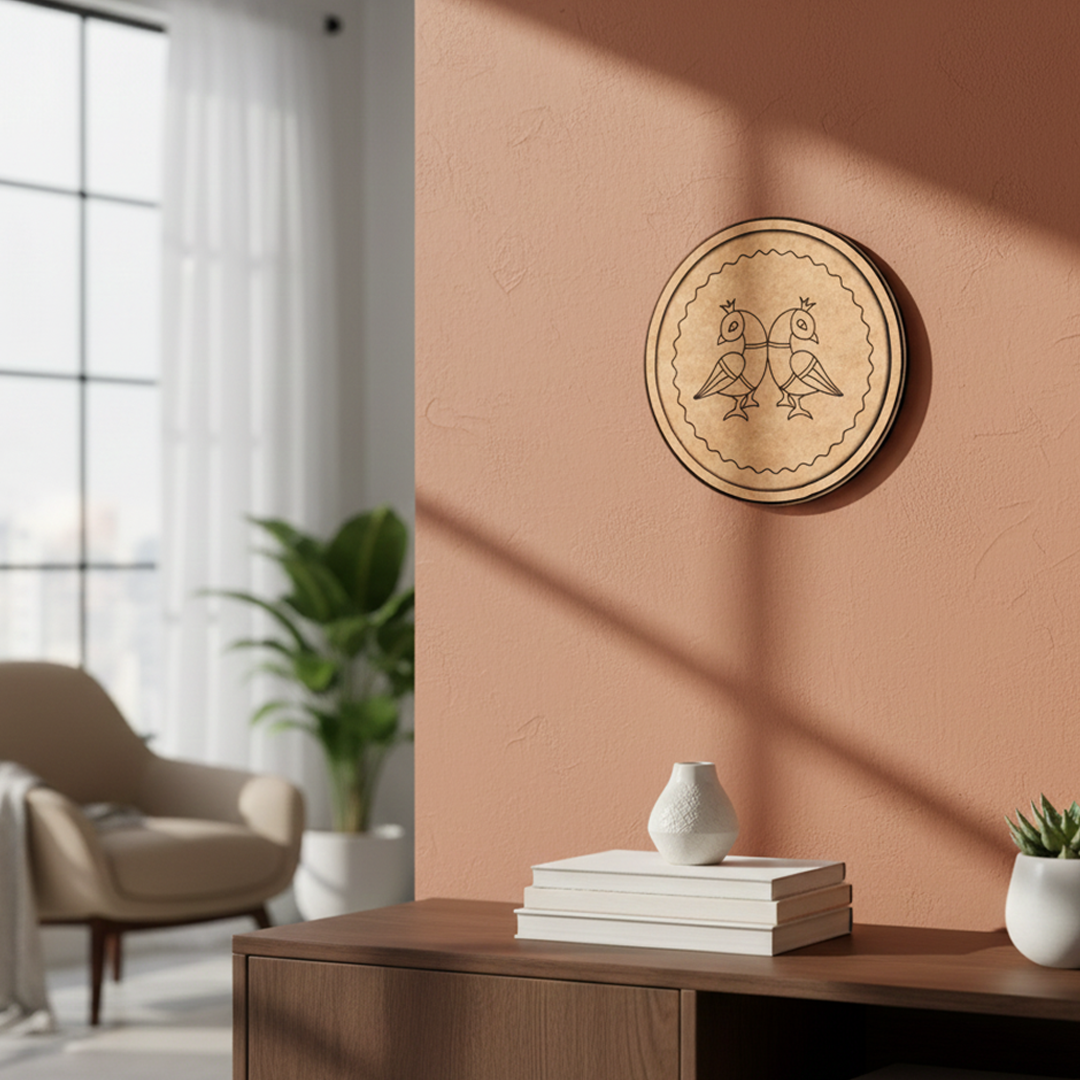 MDF Bordered Pre Marked Twin Birds Base round board with engraved symmetrical bird design hanging on a wall