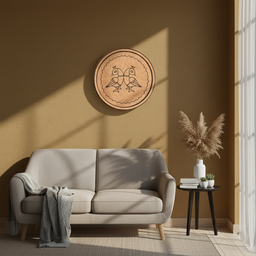 MDF Bordered Pre Marked Twin Birds Base round board with engraved symmetrical bird design hanging on a wall