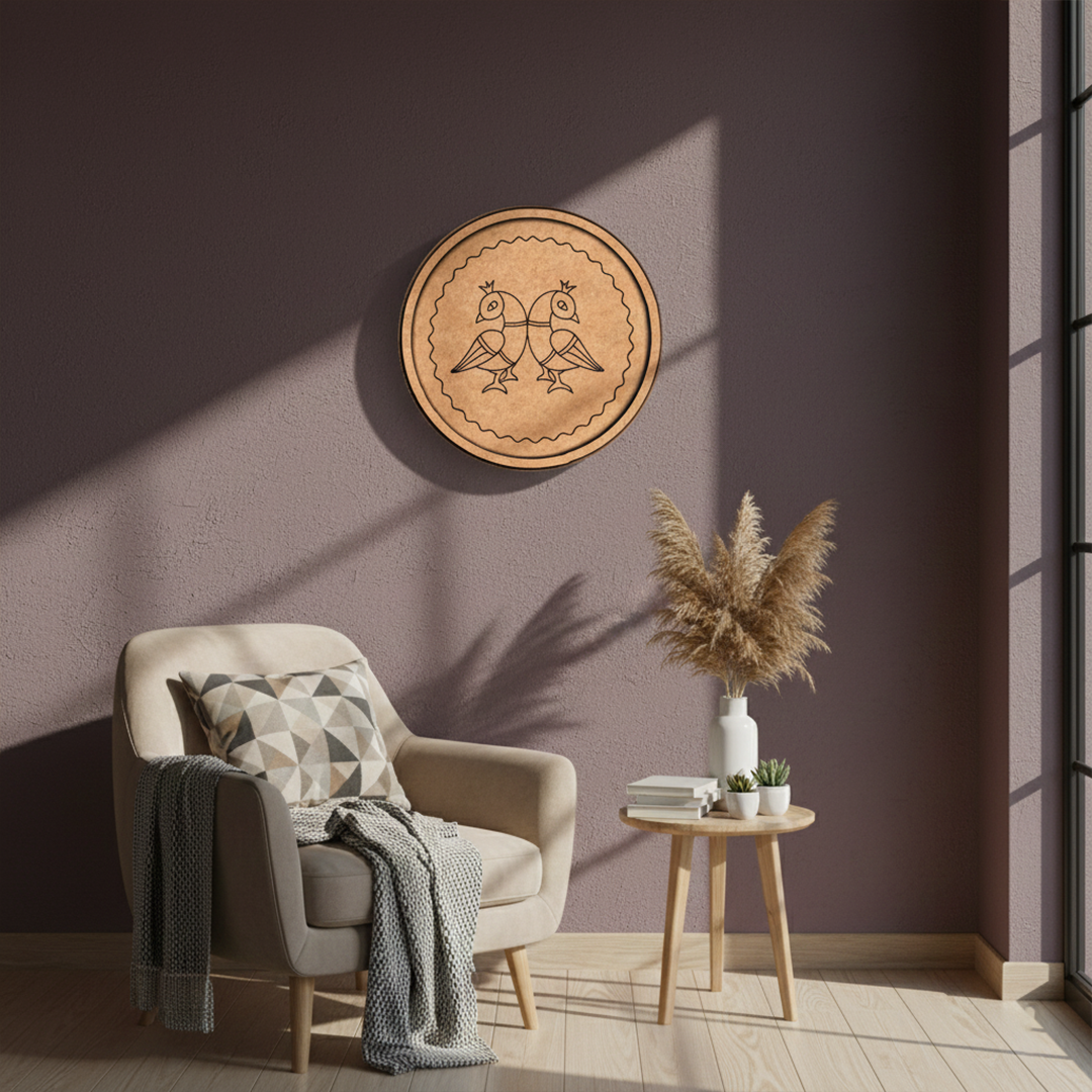 MDF Bordered Pre Marked Twin Birds Base round board with engraved symmetrical bird design hanging on a wall