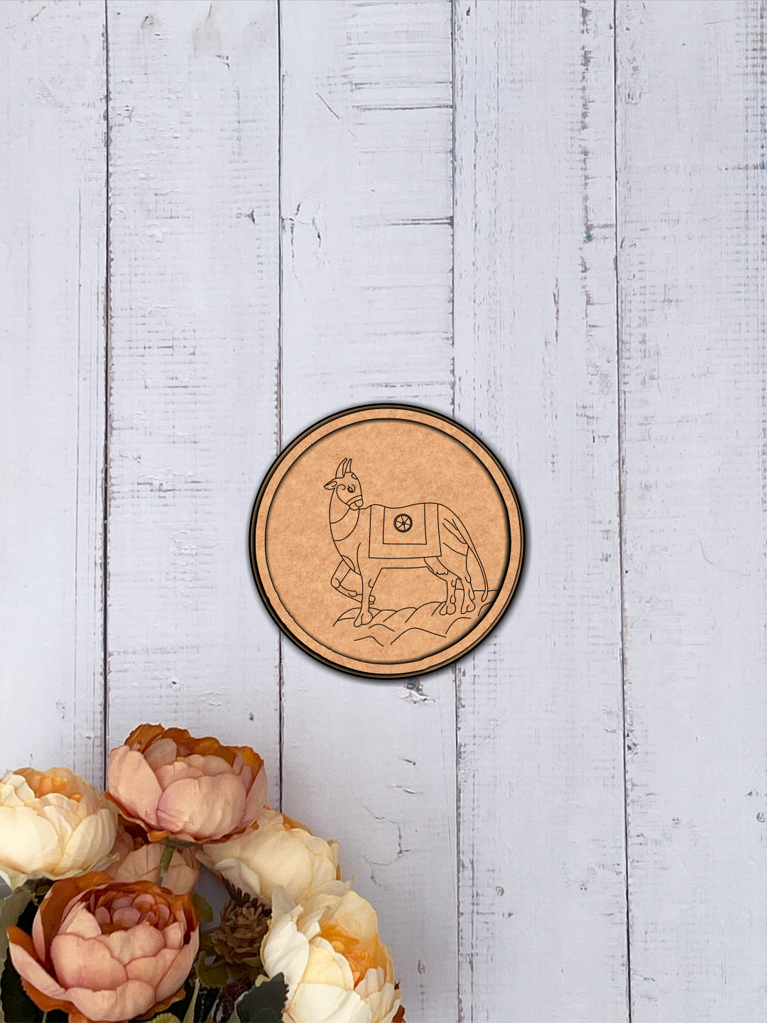 MDF Bordered Pre Marked Llama Art Base round board with engraved llama design hanging on a wooden wall