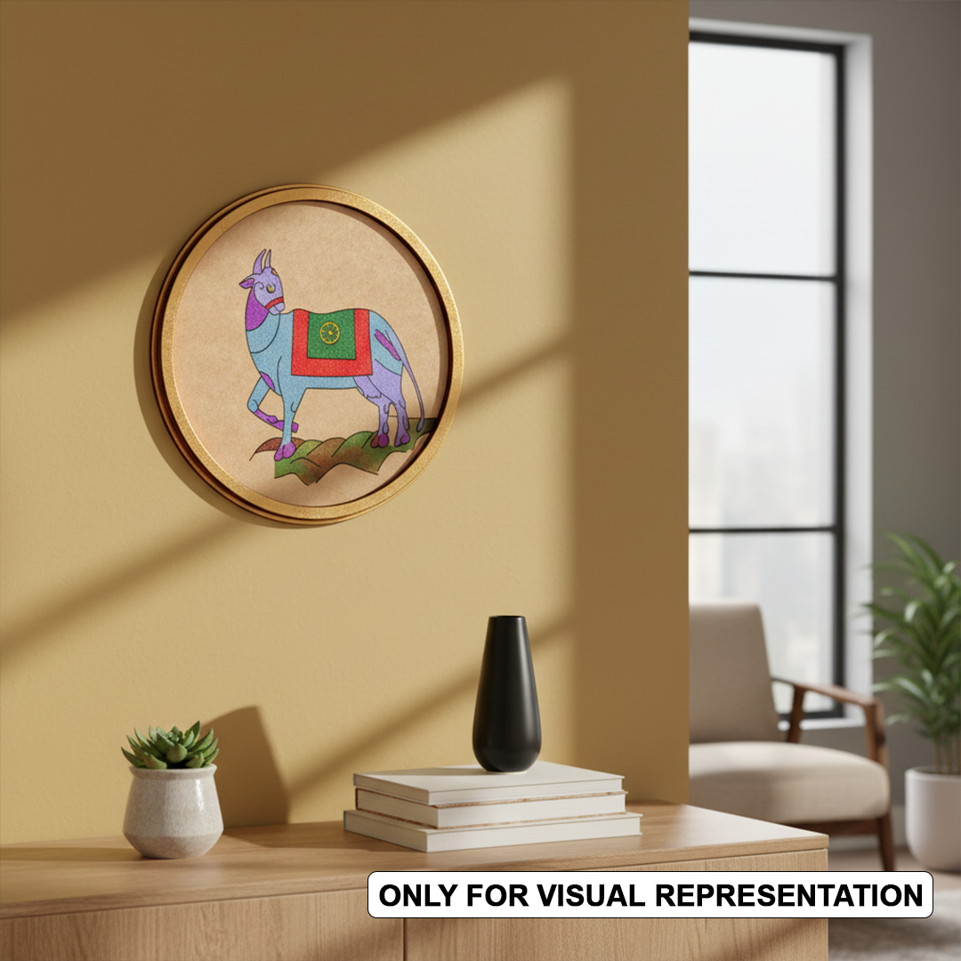 MDF Bordered painted Pre Marked Llama Art Base round board with engraved llama design hanging on a wall