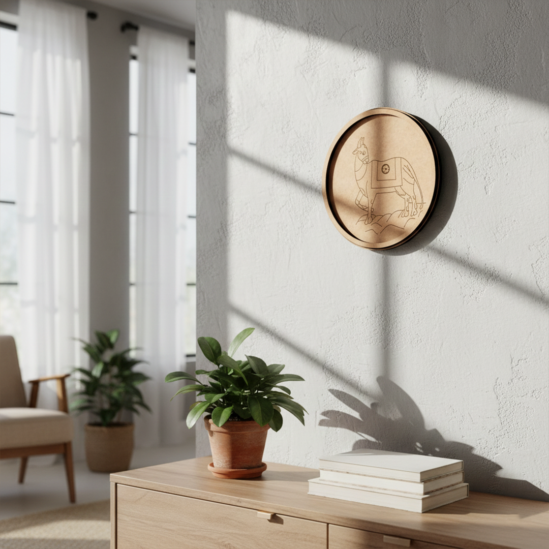 MDF Bordered Pre Marked Llama Art Base round board with engraved llama design hanging on a wall