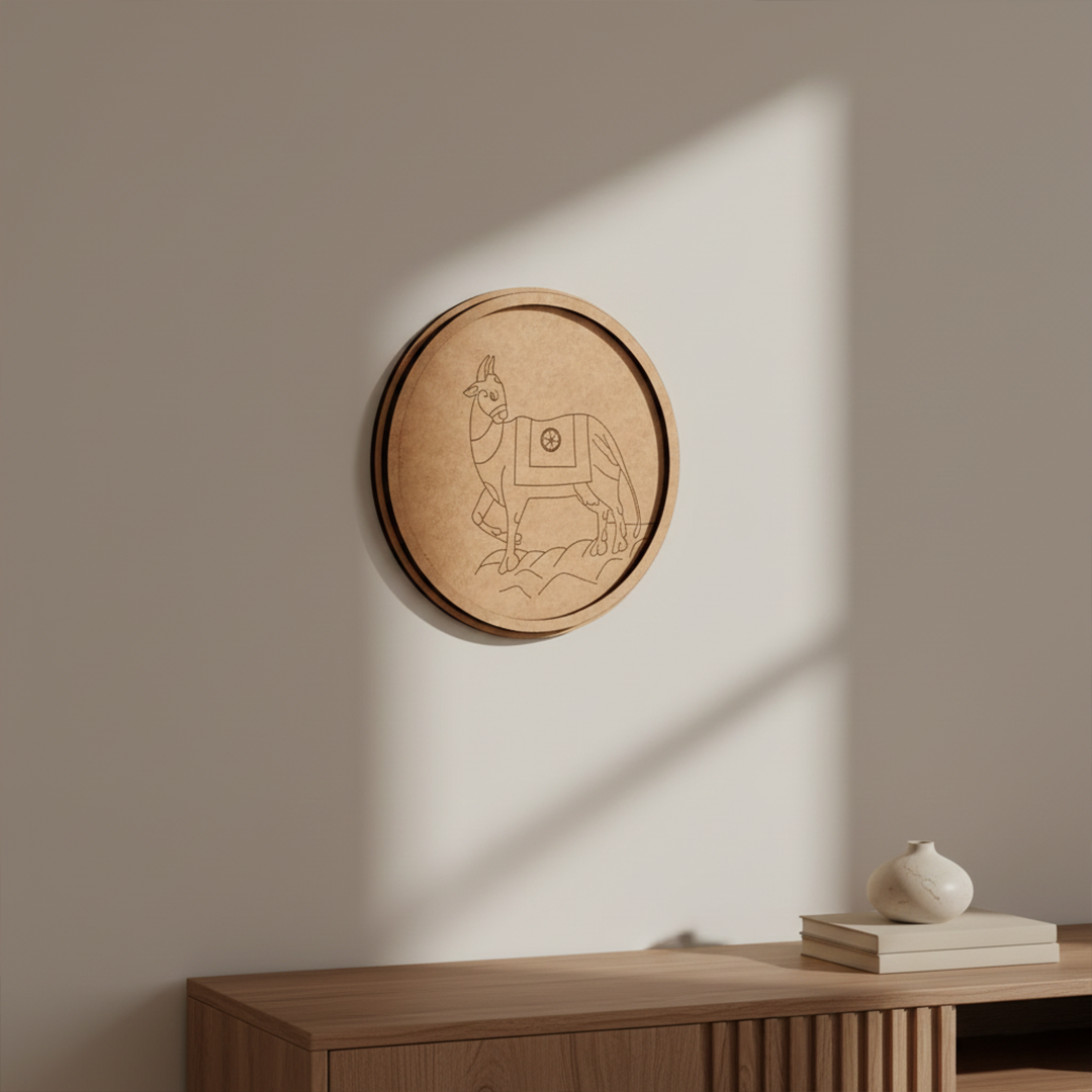 MDF Bordered Pre Marked Llama Art Base round board with engraved llama design hanging on a wall