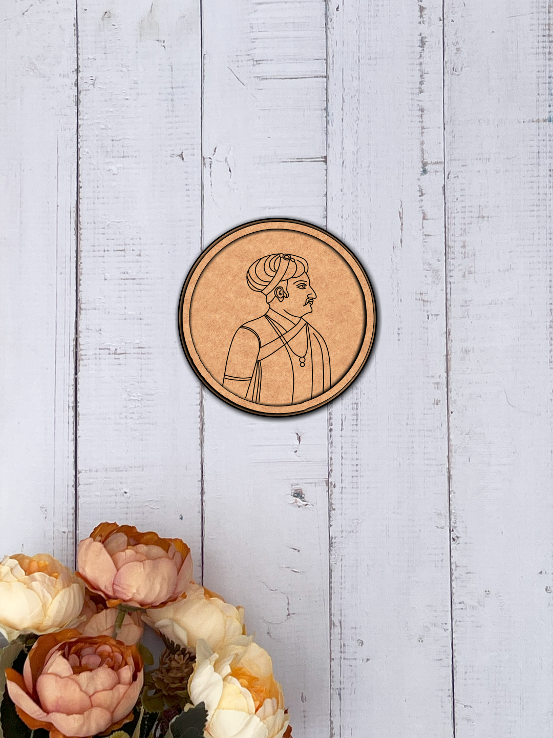 MDF Bordered Pre Marked Royal Portrait Base round board with engraved historical portrait design hanging on wooden wall